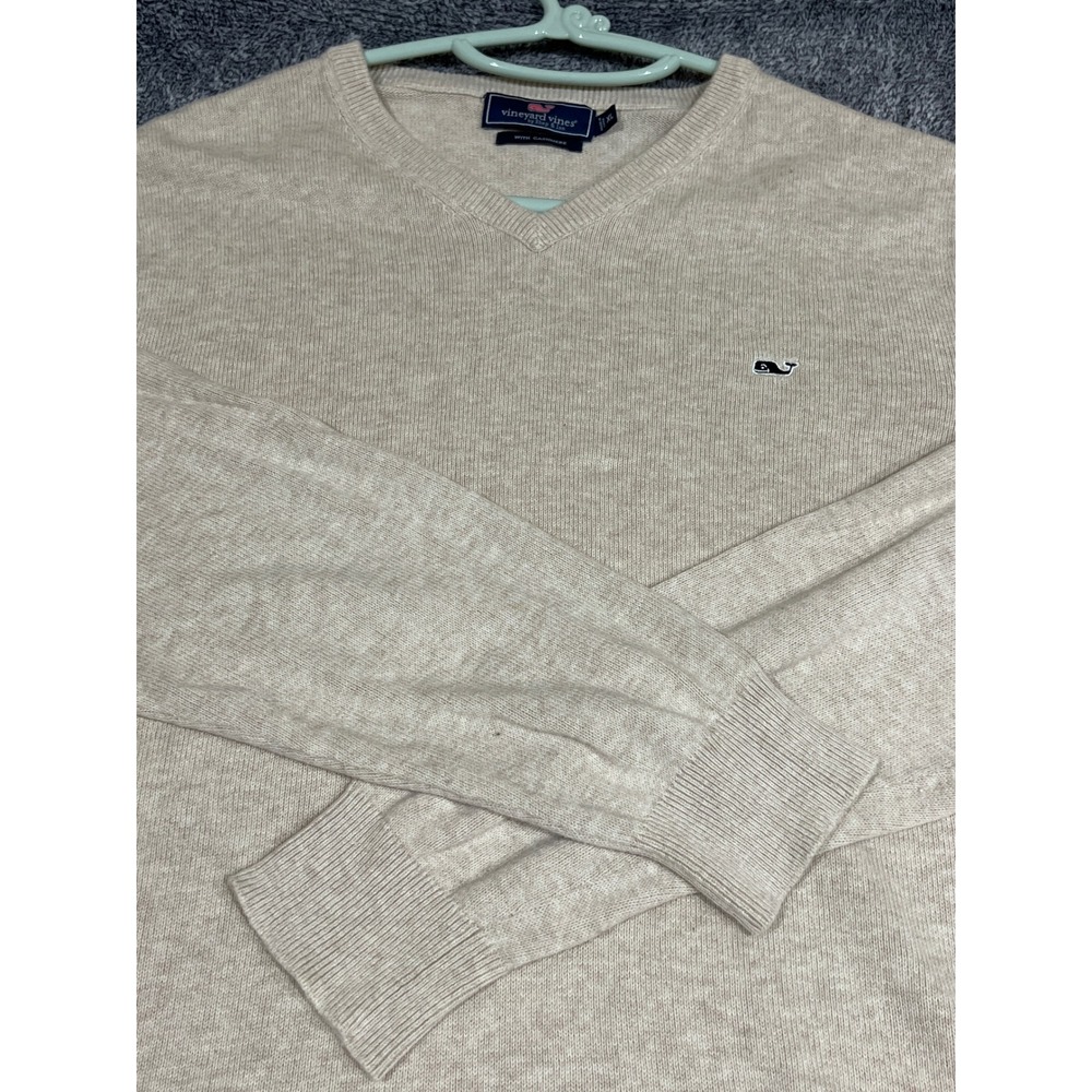 Vineyard Vines Mens XL V-Neck Sweater Oatmeal Beige Cotton Cashmere Blend Whale